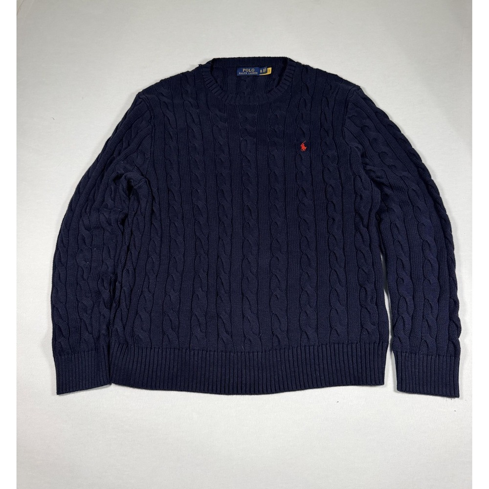 Polo Ralph Lauren Sweater Mens XL Blue Cable Knit Crew Neck Pony Logo Pullover